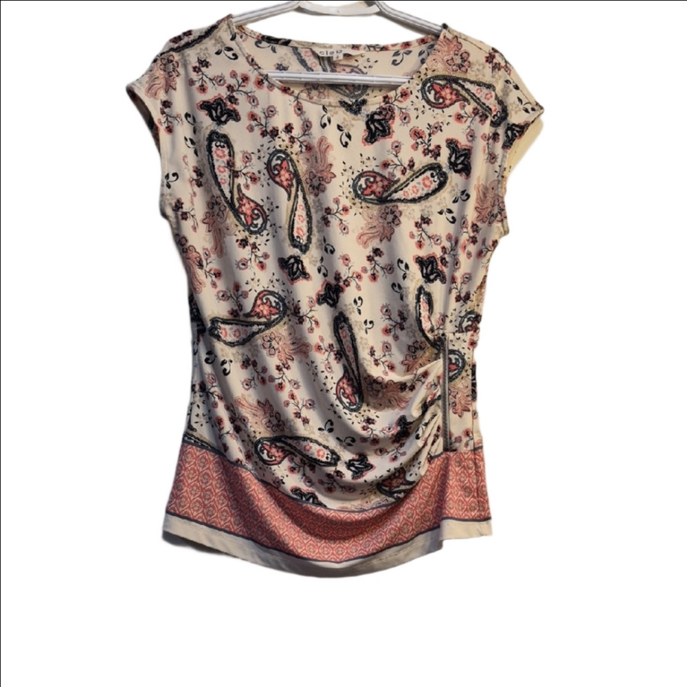 cleo Cream Paisley Short-Sleeve Top with Coral Border